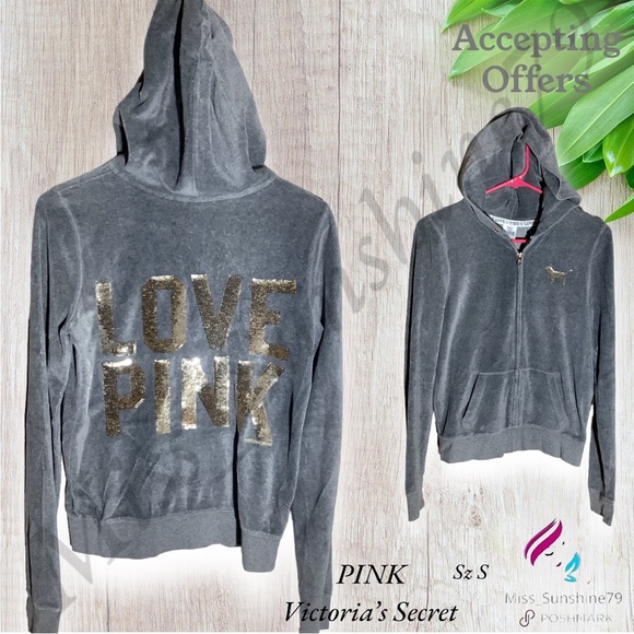 PINK Victoria's Secret Tops - PINK Victoria’s Secret - Sz S - velour hooded sweat jacket w/ sequins